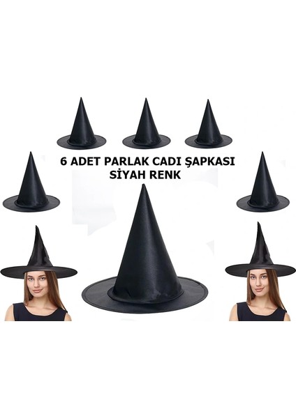 Halloween Siyah Renk Parlak Dralon Cadı Şapkası Yetişkin ve Çocuk Uyumlu 6 Adet