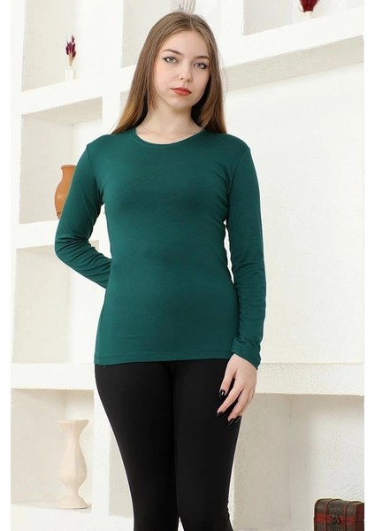 Rahat ve Şık Uzun Kollu Bisiklet Yaka Likralı Viskon Penye Body Zümrüt Yeşili fiyatları