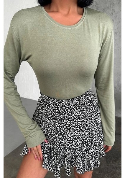 Rahat ve Şık Uzun Kollu Bisiklet Yaka Likralı Viskon Penye Body Haki