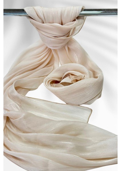 Saten Dokulu Janjan Abiye Şal 75X180CM Ekru Krem