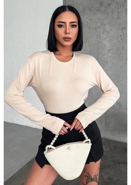 Rahat ve Şık Uzun Kollu Bisiklet Yaka Likralı Viskon Penye Body Bej