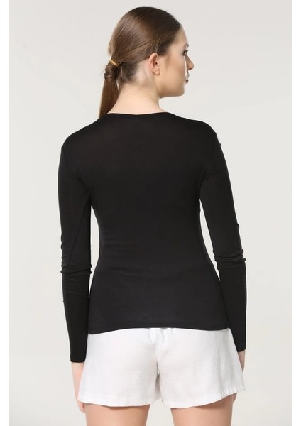 Rahat ve Şık Uzun Kollu Bisiklet Yaka Likralı Viskon Penye Body Siyah