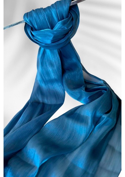 Saten Dokulu Janjan Abiye Şal 75X180CM Parlament Mavi