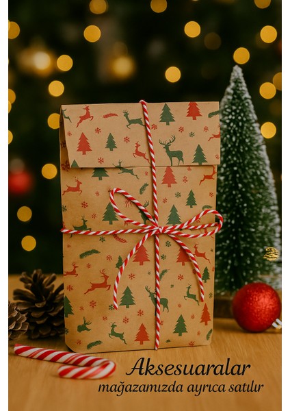 40 Adet 13X24 Kraft Yılbaşı Desenli Oturan Hediye Paketi Ambalaj Paketleme Kağıdı