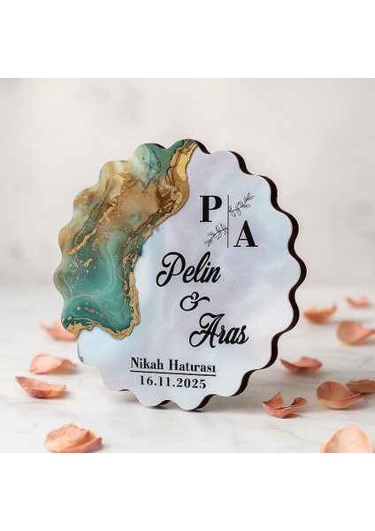 50 Adet Epoksi-Mermer Görünümlü Kişiye Özel Ahşap Magnet – Zümrüt Yeşil - Nikah & Düğün Hediyeliği