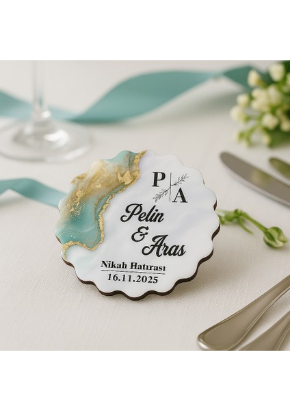 50 Adet Epoksi-Mermer Görünümlü Kişiye Özel Ahşap Magnet – Zümrüt Yeşil - Nikah & Düğün Hediyeliği modelleri