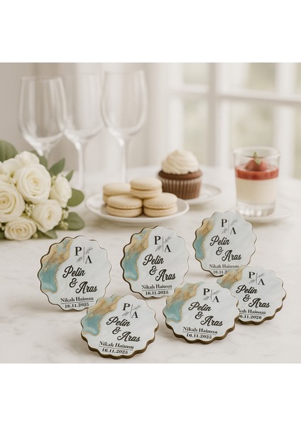 50 Adet Epoksi-Mermer Görünümlü Kişiye Özel Ahşap Magnet – Zümrüt Yeşil - Nikah & Düğün Hediyeliği