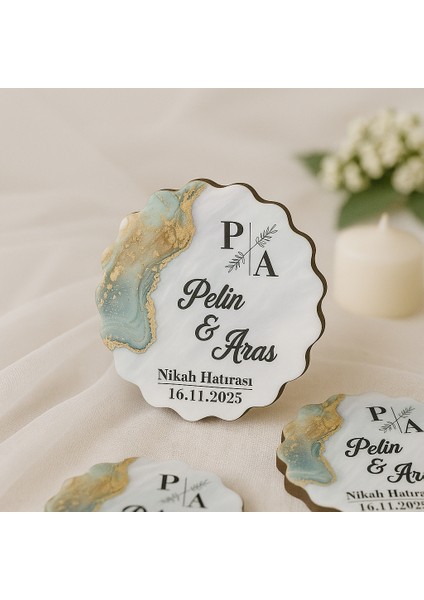 50 Adet Epoksi-Mermer Görünümlü Kişiye Özel Ahşap Magnet – Zümrüt Yeşil - Nikah & Düğün Hediyeliği