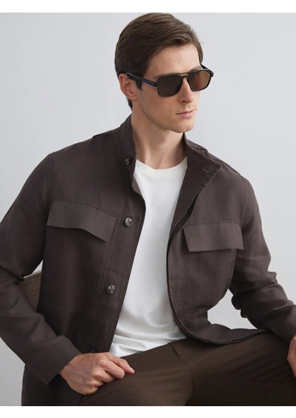 Southblue Kahverengi Standart Kalıp Gömlek Yaka %100 Keten Erkek Ceket