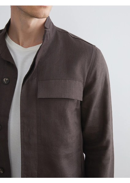 Southblue Kahverengi Standart Kalıp Gömlek Yaka %100 Keten Erkek Ceket modelleri