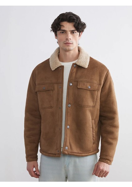 Xsıde Kahverengi Standart Kalıp Kürk Yaka Süet Erkek Mont