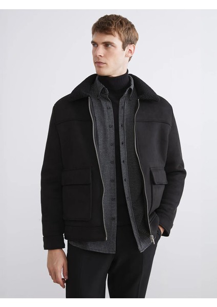 Southblue Siyah Standart Kalıp Kürk Yaka Süet Erkek Mont