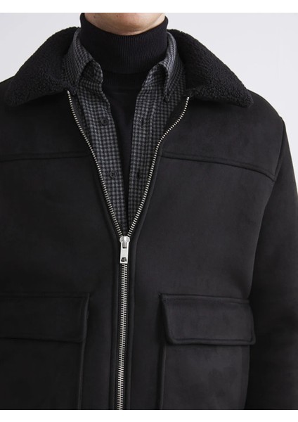 Southblue Siyah Standart Kalıp Kürk Yaka Süet Erkek Mont modelleri