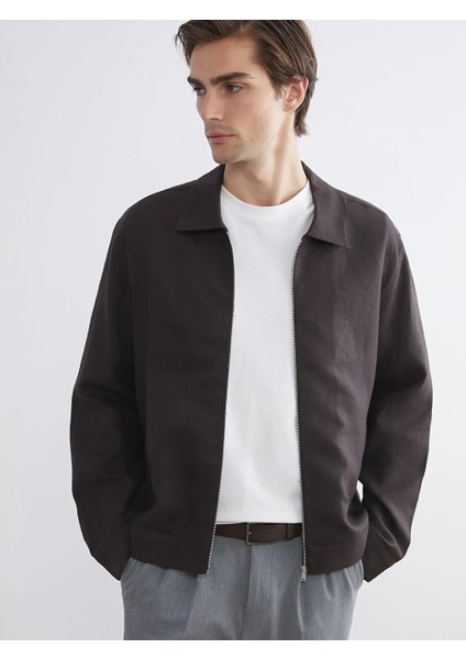 Lcw Vision Kahverengi Standart Kalıp Gömlek Yaka %100 Keten Erkek Mont