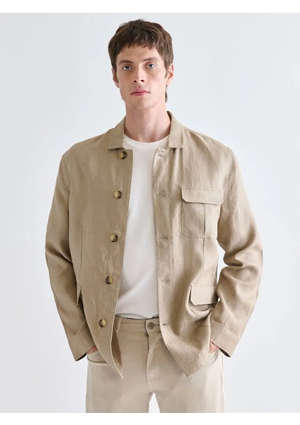 Southblue Bej Standart Kalıp Gömlek Yaka %100 Keten Erkek Mont