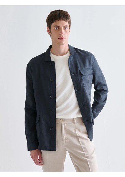 Southblue Lacivert Standart Kalıp Gömlek Yaka %100 Keten Erkek Mont