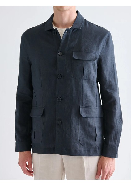Southblue Lacivert Standart Kalıp Gömlek Yaka %100 Keten Erkek Mont modelleri