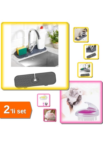 Mutfak Banyo Esnek Musluk Lavabo Matı + Ince Uçlu Silikon Saç Yıkama Masaj Aleti - 2li Set C9K3A3
