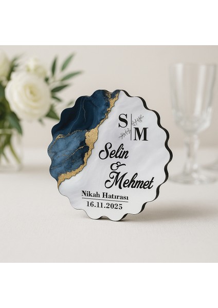 50 Adet Epoksi-Mermer Görünümlü Kişiye Özel Ahşap Magnet – Lacivert - Nikah & Düğün Hediyeliği