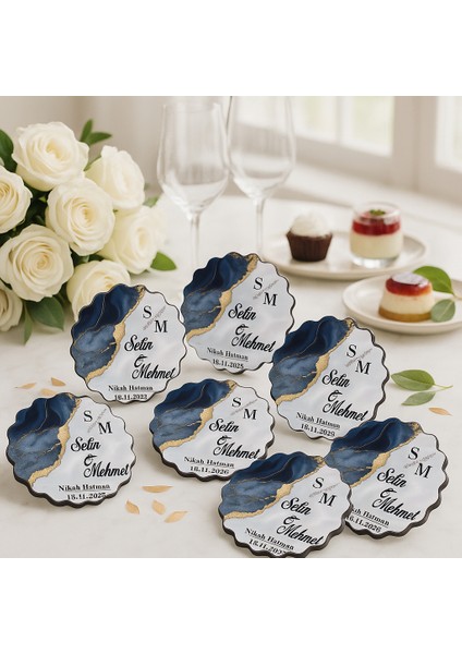 50 Adet Epoksi-Mermer Görünümlü Kişiye Özel Ahşap Magnet – Lacivert - Nikah & Düğün Hediyeliği fiyatları