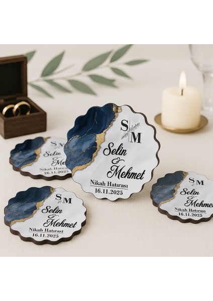 50 Adet Epoksi-Mermer Görünümlü Kişiye Özel Ahşap Magnet – Lacivert - Nikah & Düğün Hediyeliği