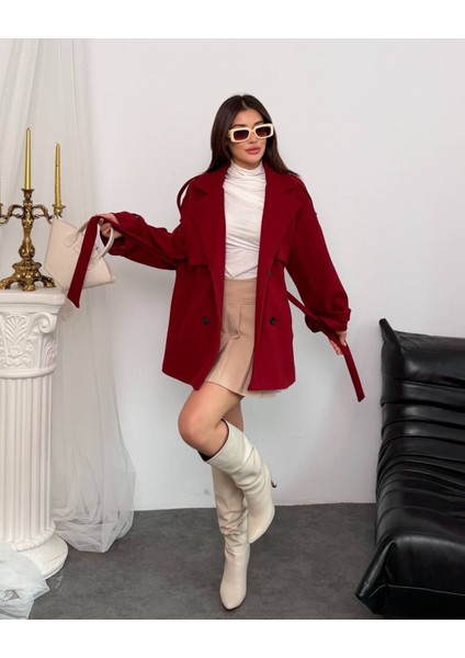 Apolet Kuşak Detalı Kaşe Kaban