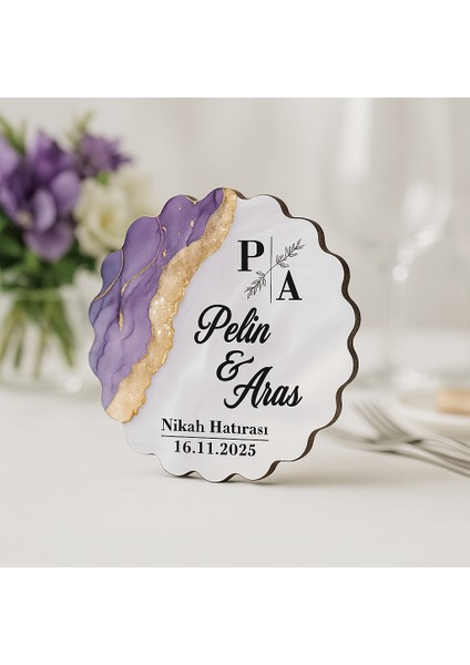 50 Adet Epoksi-Mermer Görünümlü Kişiye Özel Ahşap Magnet – Lila - Nikah & Düğün Hediyeliği