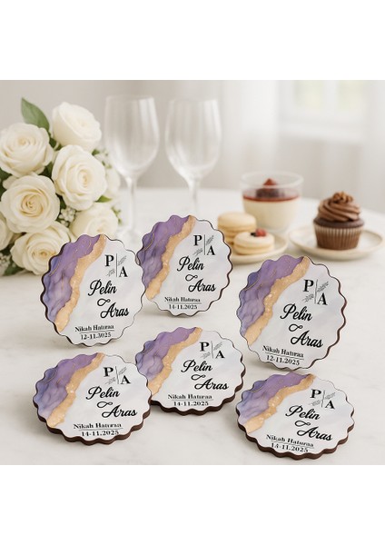 50 Adet Epoksi-Mermer Görünümlü Kişiye Özel Ahşap Magnet – Lila - Nikah & Düğün Hediyeliği fiyatları