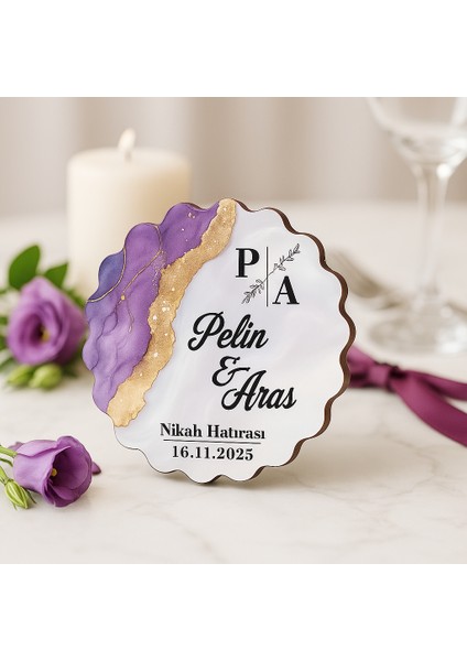 50 Adet Epoksi-Mermer Görünümlü Kişiye Özel Ahşap Magnet – Lila - Nikah & Düğün Hediyeliği modelleri