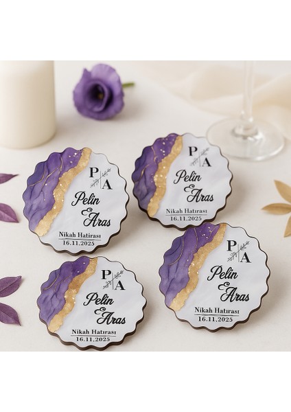 50 Adet Epoksi-Mermer Görünümlü Kişiye Özel Ahşap Magnet – Lila - Nikah & Düğün Hediyeliği fırsatları