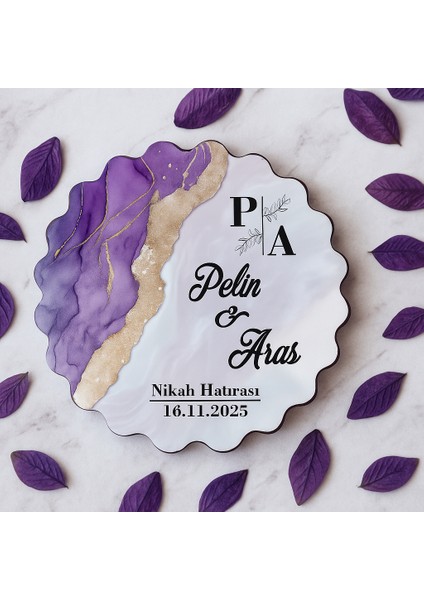 50 Adet Epoksi-Mermer Görünümlü Kişiye Özel Ahşap Magnet – Lila - Nikah & Düğün Hediyeliği indirimleri