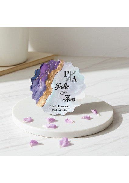 50 Adet Epoksi-Mermer Görünümlü Kişiye Özel Ahşap Magnet – Lila - Nikah & Düğün Hediyeliği