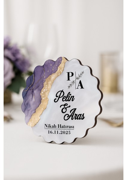 50 Adet Epoksi-Mermer Görünümlü Kişiye Özel Ahşap Magnet – Lila - Nikah & Düğün Hediyeliği