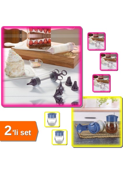 Pasta Kek Süsleme Krema Pompası ve Başlıklar + Perla Tuzluk Biberlik 2 Adet - 2li Set B7V4H6