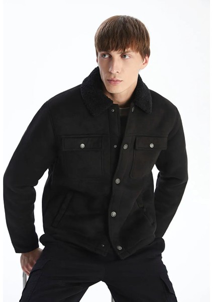 Xsıde Siyah Standart Kalıp Kürk Yaka Süet Erkek Mont