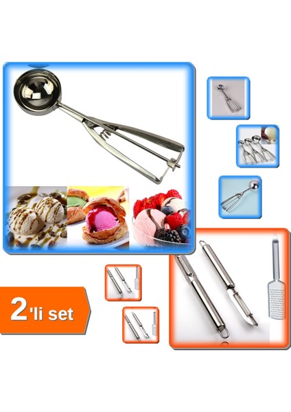 Dondurma Kaşığı - Karpuz Dondurma Kaşığı + Soyacak ve Rende Paslanmaz Çelik Inox + 2li Set Z2E6T5