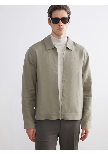 Lcw Vision Yeşil Standart Kalıp Gömlek Yaka %100 Keten Erkek Mont