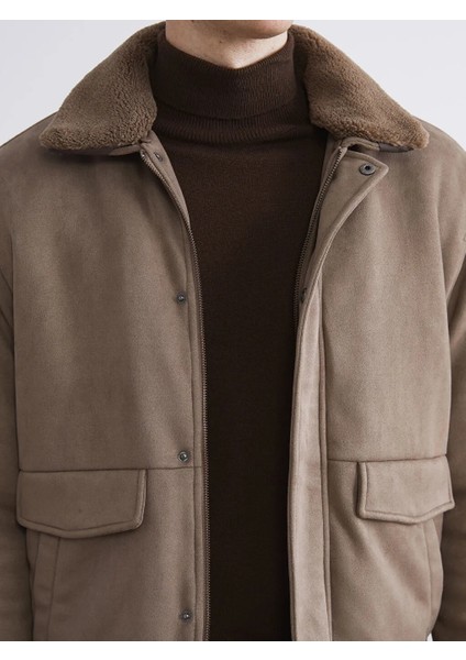 Southblue Bej Standart Kalıp Kürk Yaka Süet Erkek Mont modelleri