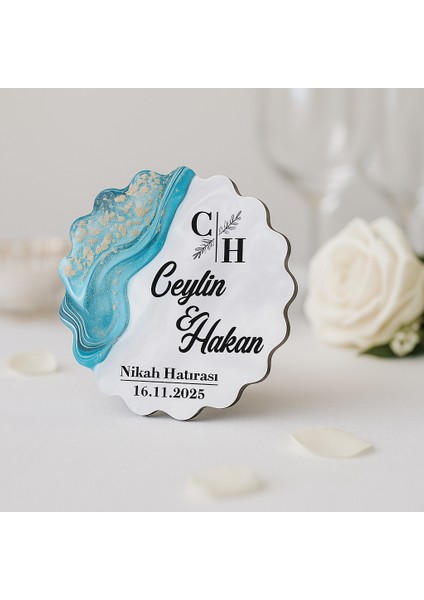 50 Adet Epoksi-Mermer Görünümlü Kişiye Özel Ahşap Magnet – Turkuaz - Nikah & Düğün Hediyeliği