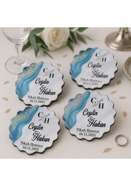 50 Adet Epoksi-Mermer Görünümlü Kişiye Özel Ahşap Magnet – Turkuaz - Nikah & Düğün Hediyeliği fiyatları