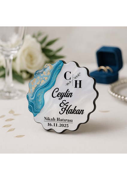 50 Adet Epoksi-Mermer Görünümlü Kişiye Özel Ahşap Magnet – Turkuaz - Nikah & Düğün Hediyeliği modelleri