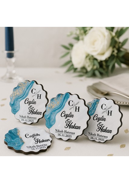 50 Adet Epoksi-Mermer Görünümlü Kişiye Özel Ahşap Magnet – Turkuaz - Nikah & Düğün Hediyeliği
