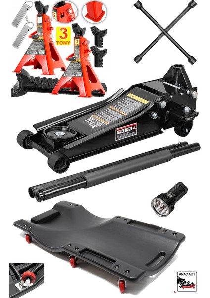 Oto Tamirci Garaj Bakım Seti 3ton Düşük Profil Kriko + Tamirci Kızağı + 3ton Sehpa Kriko + Bijon