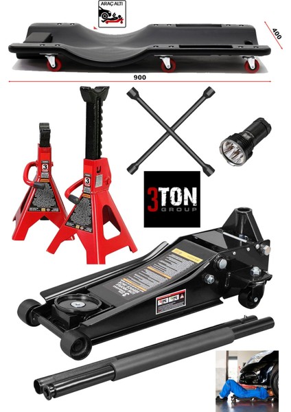 Oto Tamirci Garaj Bakım Seti 3ton Düşük Profil Kriko + Tamirci Kızağı + 3ton Sehpa Kriko + Bijon fiyatları