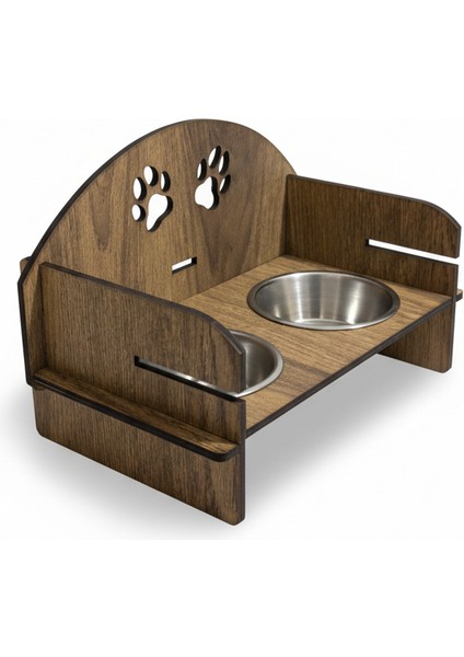 Ahşap Kedi Köpek Mama Kabı | Çift Hazneli Yükseltilmiş Stand | Kaymaz Tasarım | Paslanmaz Çelik Mama ve Su Kabı