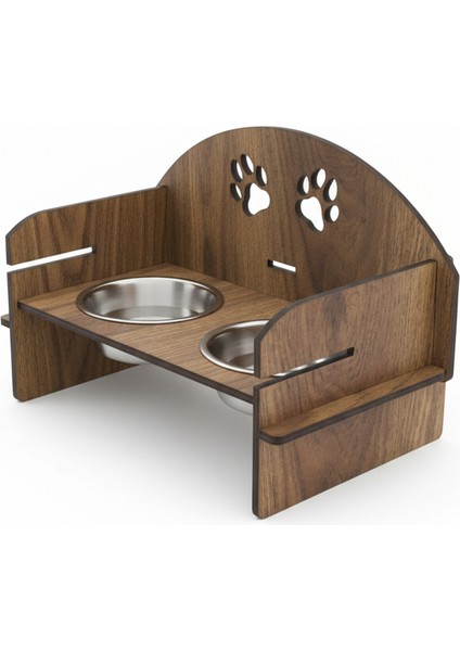 Ahşap Kedi Köpek Mama Kabı | Çift Hazneli Yükseltilmiş Stand | Kaymaz Tasarım | Paslanmaz Çelik Mama ve Su Kabı modelleri