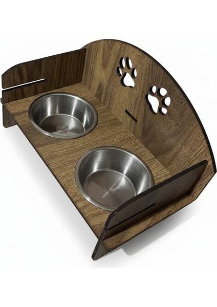 Ahşap Kedi Köpek Mama Kabı | Çift Hazneli Yükseltilmiş Stand | Kaymaz Tasarım | Paslanmaz Çelik Mama ve Su Kabı