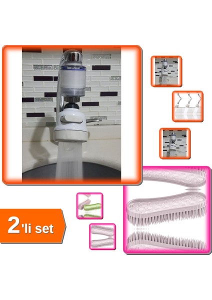 Filtreli Kireç Önleyici 360 Derece Hareketli Musluk Başlığı + Temizlik Halı Fırçası - 2li Set C6U7X2