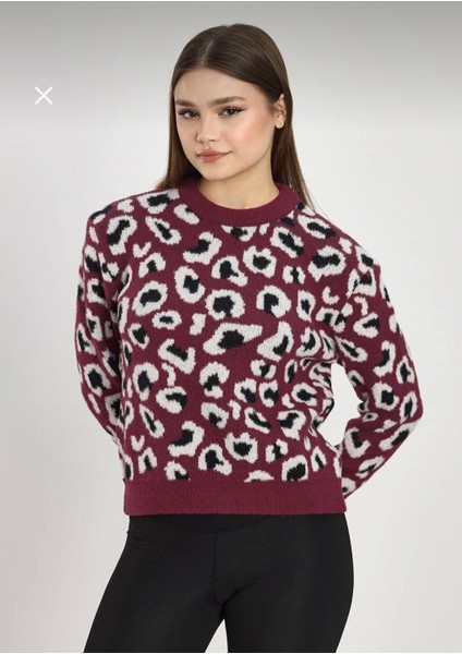 Leopar Detay Bordo Triko Kazak