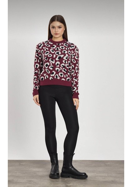 Leopar Detay Bordo Triko Kazak fiyatları